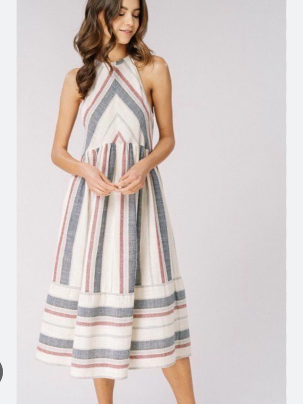 Listicle Striped Halter Midi Dress in Cream, Blue & Pink